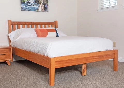 Wooden platform Bed Frame with slats in headboard.