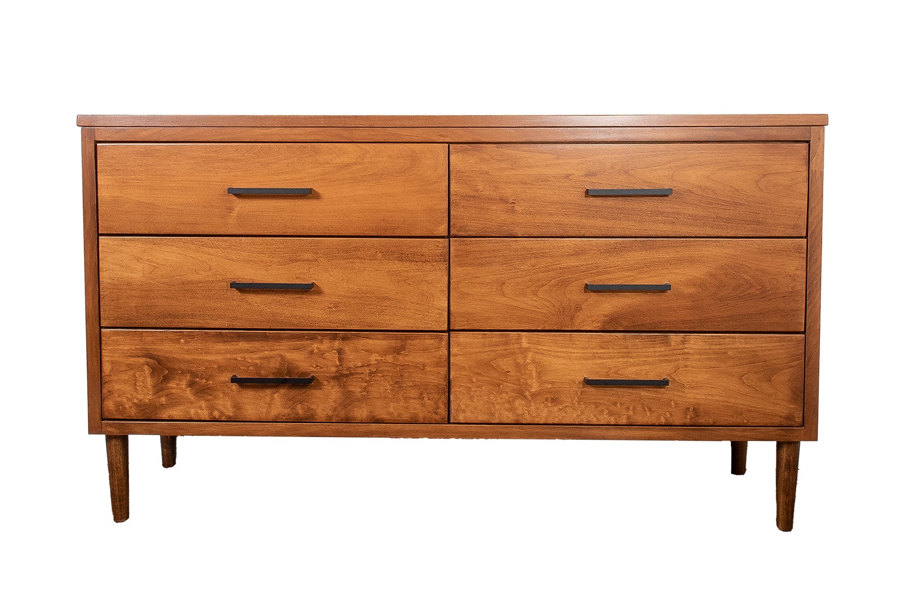 A mid-century modern style dresser with long, tapered legs and multiple drawers, finished in a wood stain.