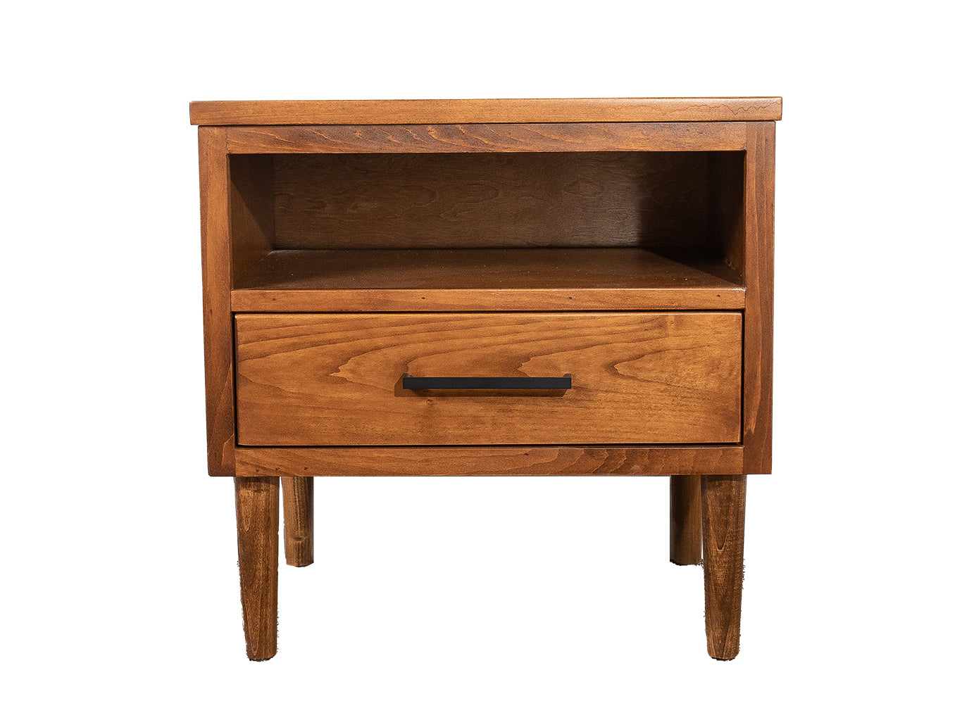 A wooden nightstand with a single drawer and open shelf, featuring a brown finish and mid-century influenced design.