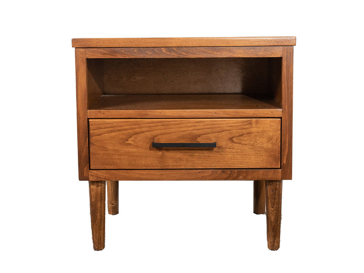 A wooden nightstand with a single drawer and open shelf, featuring a brown finish and mid-century influenced design.