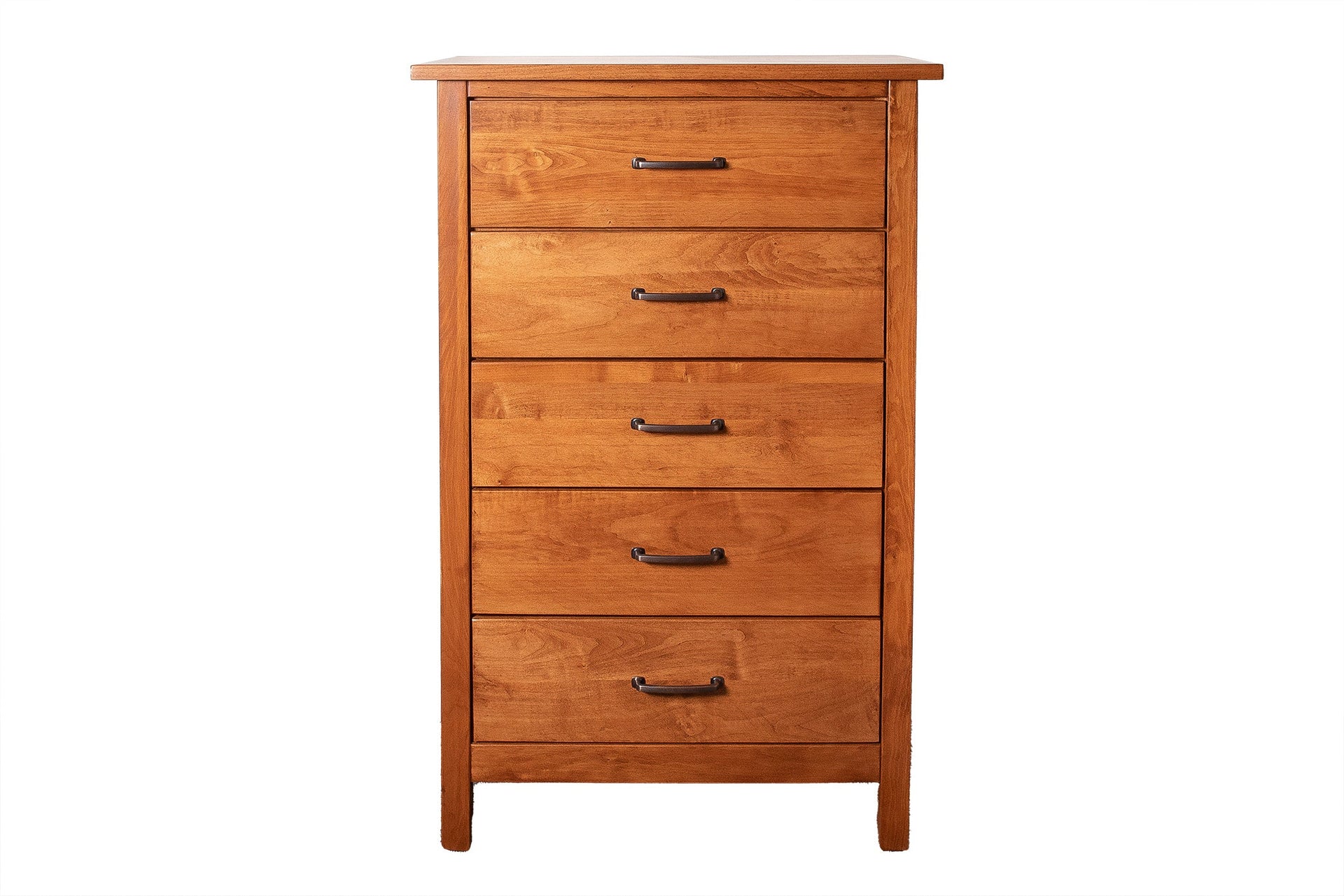 A traditional Post & Panel chest of drawers made of wood, with a panelled design and five drawers.